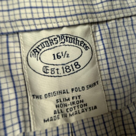 Brooks Brothers Short Sleeve Button-Down Non-Iron 16.5 Check Slim Cotton Blue - Picture 8 of 10